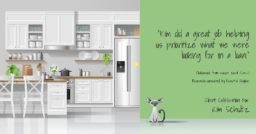 Testimonial for mortgage professional Kim Schultz with First Bank Mortgage in Overland Park, KS: "Kim did a great job helping us prioritize what we were looking for in a loan!"