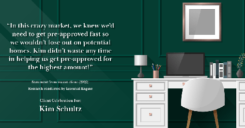 Testimonial for mortgage professional Kim Schultz with First Bank Mortgage in Overland Park, KS: "In this crazy market, we knew we'd need to get pre-approved fast so we wouldn't lose out on potential homes. Kim didn't waste any time in helping us get pre-approved for the highest amount!"
