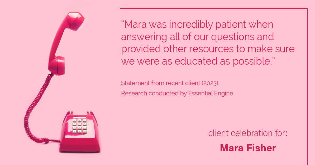 Testimonial for mortgage professional Mara Fisher with T2 Financial Revolution Mortg in , : "Mara was incredibly patient when answering all of our questions and provided other resources to make sure we were as educated as possible."