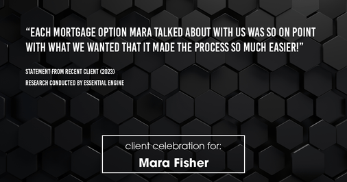 Testimonial for mortgage professional Mara Fisher with T2 Financial Revolution Mortg in , : "Each mortgage option Mara talked about with us was so on point with what we wanted that it made the process so much easier!"