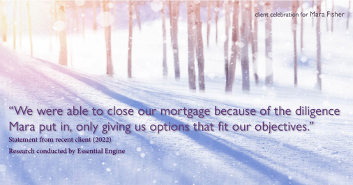 Testimonial for mortgage professional Mara Fisher with T2 Financial Revolution Mortg in , : "We were able to close our mortgage because of the diligence Mara put in, only giving us options that fit our objectives."