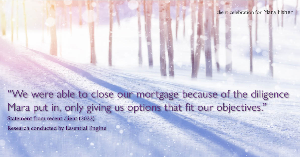 Testimonial for mortgage professional Mara Fisher with T2 Financial Revolution Mortg in , : "We were able to close our mortgage because of the diligence Mara put in, only giving us options that fit our objectives."