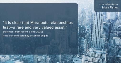 Testimonial for mortgage professional Mara Fisher with T2 Financial Revolution Mortg in , : "It is clear that Mara puts relationships first—a rare and very valued asset!"