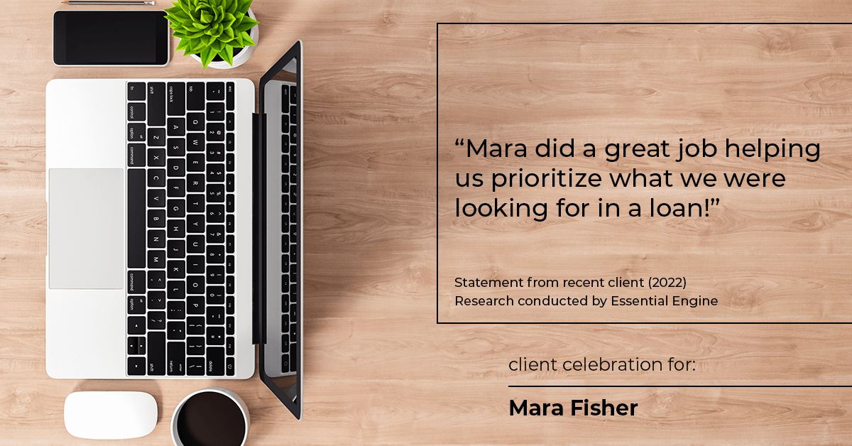 Testimonial for mortgage professional Mara Fisher with T2 Financial Revolution Mortg in , : "Mara did a great job helping us prioritize what we were looking for in a loan!"