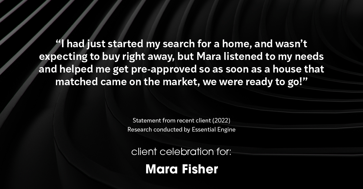 Testimonial for mortgage professional Mara Fisher with T2 Financial Revolution Mortg in , : "I had just started my search for a home, and wasn't expecting to buy right away, but Mara listened to my needs and helped me get pre-approved so as soon as a house that matched came on the market, we were ready to go!"