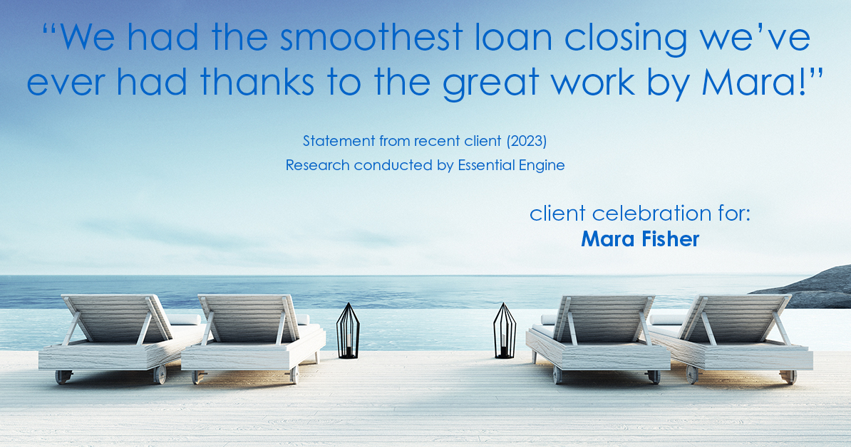 Testimonial for mortgage professional Mara Fisher with T2 Financial Revolution Mortg in , : "We had the smoothest loan closing we've ever had thanks to the great work by Mara!"