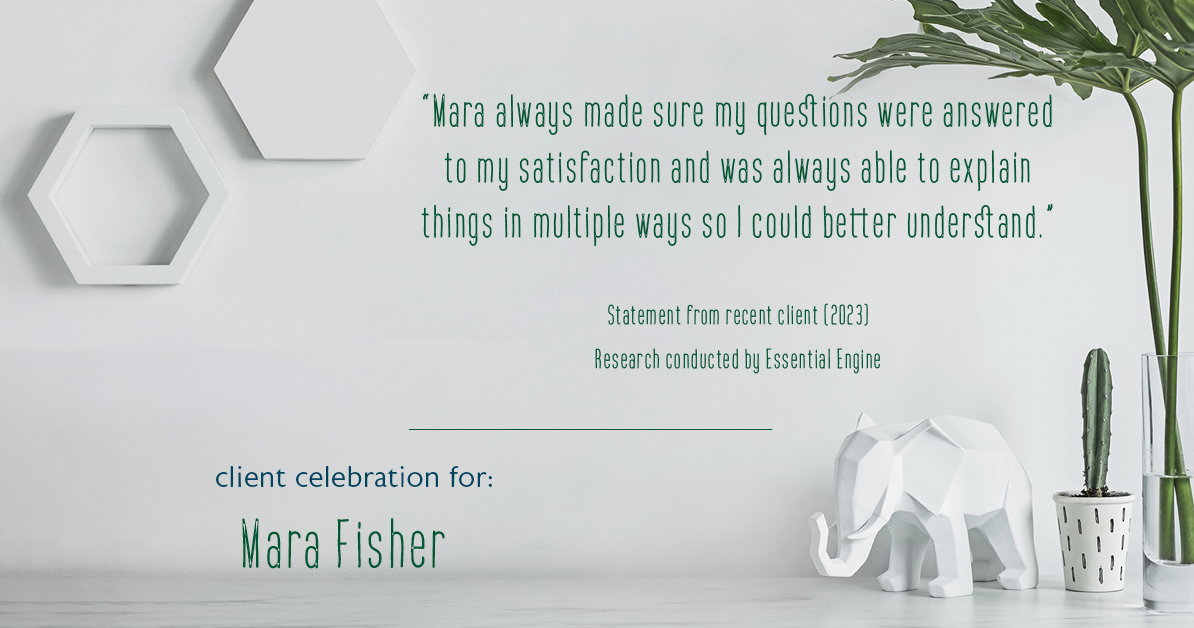 Testimonial for mortgage professional Mara Fisher with T2 Financial Revolution Mortg in , : "Mara always made sure my questions were answered to my satisfaction and was always able to explain things in multiple ways so I could better understand."