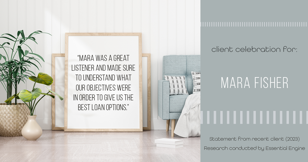 Testimonial for mortgage professional Mara Fisher with T2 Financial Revolution Mortg in , : "Mara was a great listener and made sure to understand what our objectives were in order to give us the best loan options."