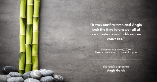 Testimonial for mortgage professional Angie Garcia with Draper and Kramer Mortgage in Reston, VA: "It was our first time and Angie took the time to answer all of our questions and address our concerns."