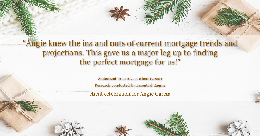 Testimonial for mortgage professional Angie Garcia with Draper and Kramer Mortgage in Reston, VA: "Angie knew the ins and outs of current mortgage trends and projections. This gave us a major leg up to finding the perfect mortgage for us!"
