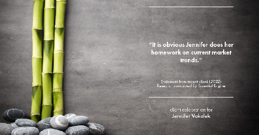 Testimonial for real estate agent Jennifer Vokolek with RE/MAX DFW Associates in Frisco, TX: "It is obvious Jennifer does her homework on current market trends."