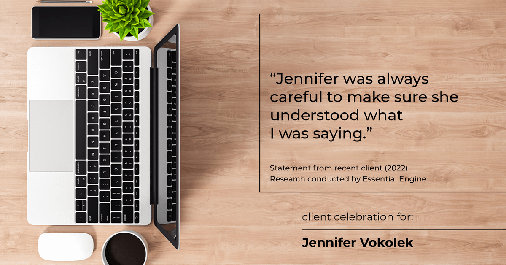 Testimonial for real estate agent Jennifer Vokolek with RE/MAX DFW Associates in Frisco, TX: "Jennifer was always careful to make sure she understood what I was saying."