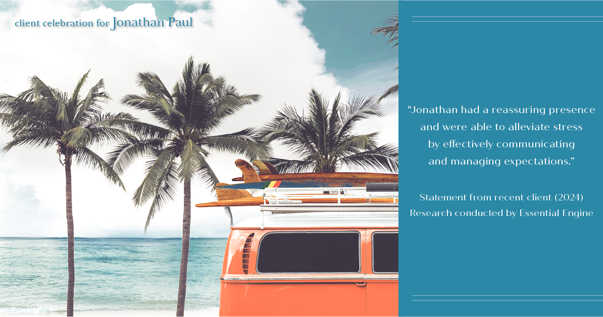 Testimonial for real estate agent Jonathan Paul with BHHS - Chicago in , : "Jonathan had a reassuring presence and were able to alleviate stress by effectively communicating and managing expectations."