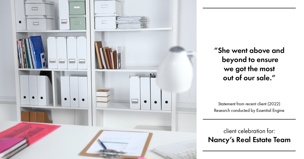 Testimonial for real estate agent Nancy Warfield in , : "She went above and beyond to ensure we got the
most out of our sale."