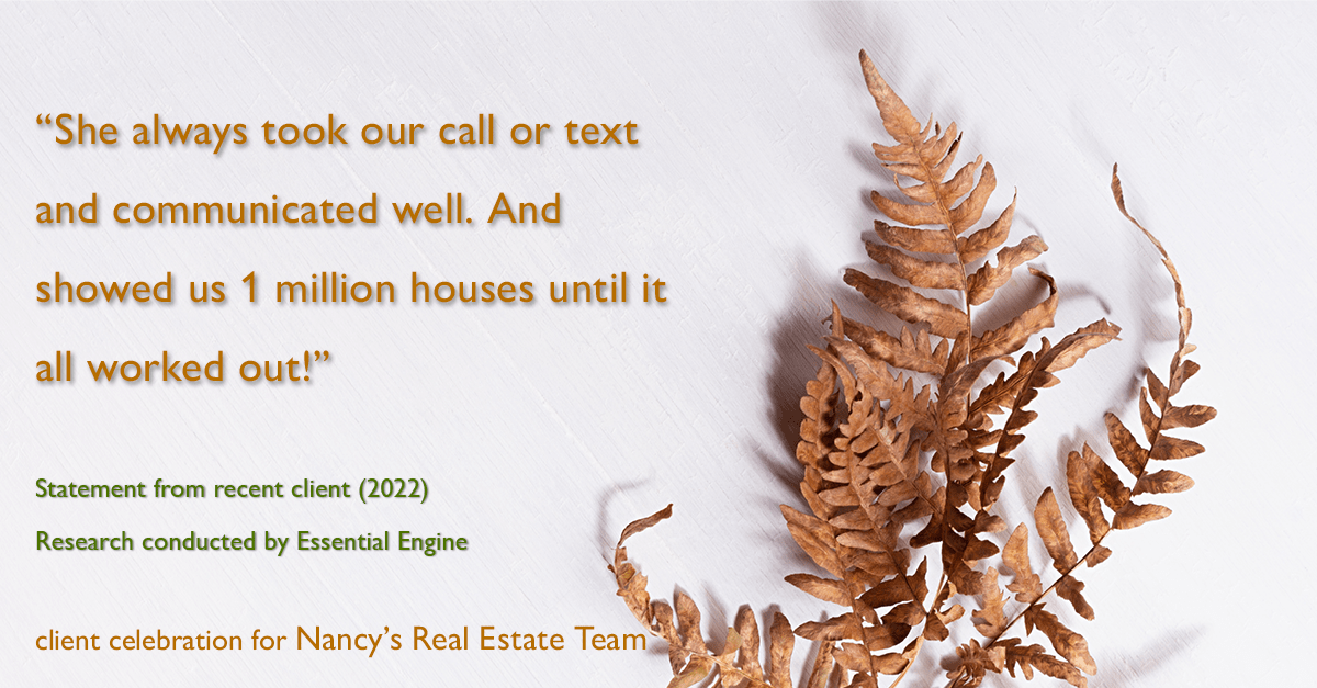 Testimonial for real estate agent Nancy Warfield in , : "She always took our call or text and communicated well. And showed us 1 million houses until it all worked out!"
