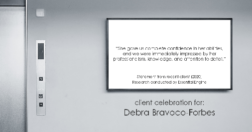 Testimonial for real estate agent Debra Bravoco-Forbes with Coldwell Banker Realty in Yorktown Heights, NY: "She gave us complete confidence in her abilities, and we were immediately impressed by her professionalism, knowledge, and attention to detail."