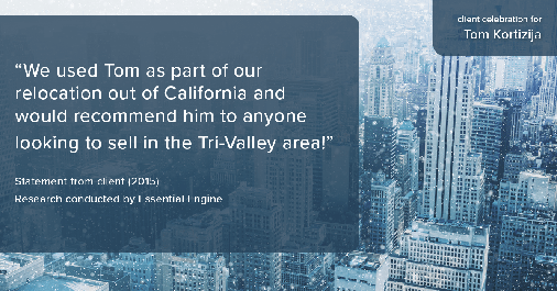 Testimonial for real estate agent Tom Kortizija with Compass in Danville, CA: "We used Tom as part of our relocation out of California and would recommend him to anyone looking to sell in the Tri-Valley area!"