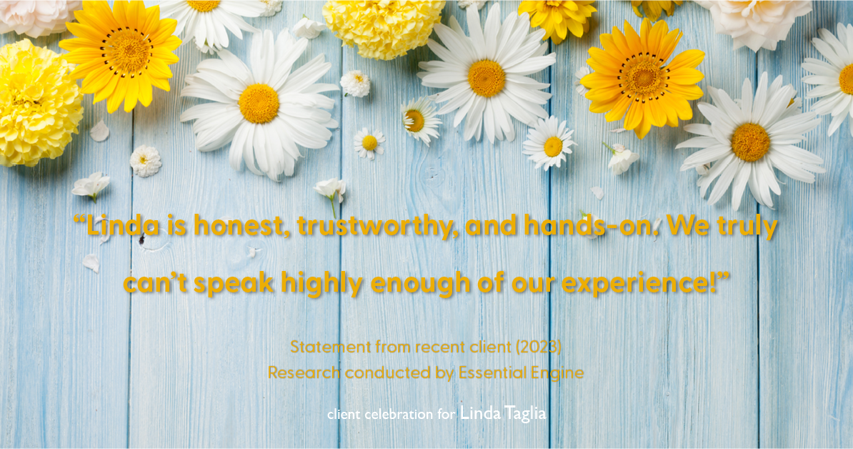 Testimonial for mortgage professional Linda Taglia with American Commercial Bank & Trust in , : "Linda is honest, trustworthy, and hands-on. We truly can't speak highly enough of our experience!"