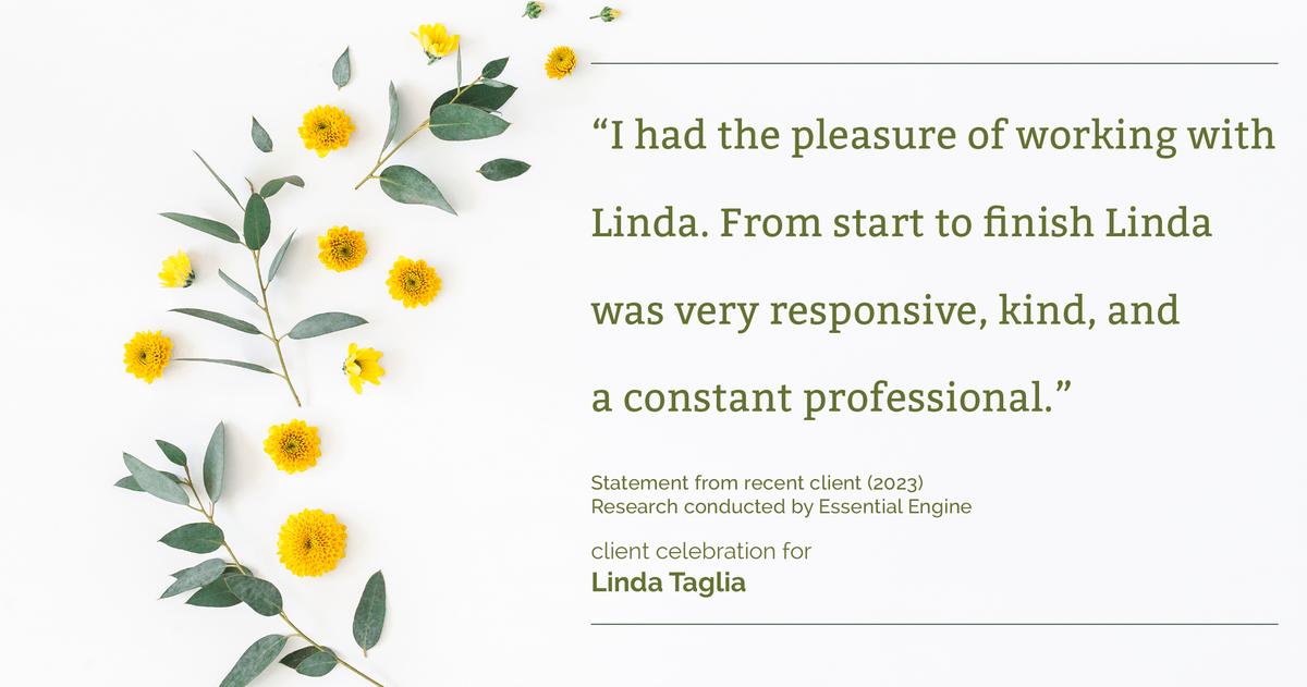 Testimonial for mortgage professional Linda Taglia with American Commercial Bank & Trust in , : "I had the pleasure of working with Linda. From start to finish Linda was very responsive, kind, and a constant professional."