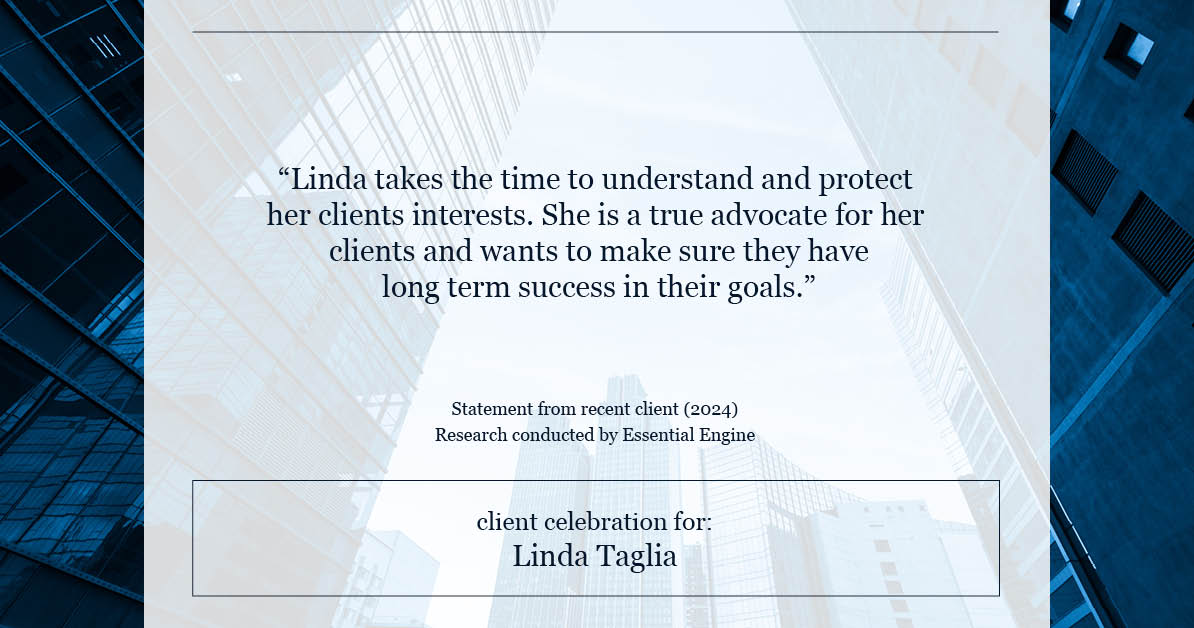 Testimonial for mortgage professional Linda Taglia with American Commercial Bank & Trust in , : "Linda takes the time to understand and protect her clients interests. She is a true advocate for her clients and wants to make sure they have long term success in their goals."