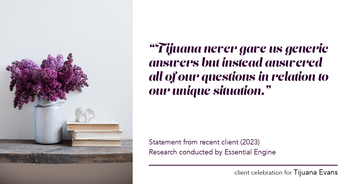 Testimonial for real estate agent Tijuana Evans with Prime 1 Realty in , : "Tijuana never gave us generic answers but instead answered all of our questions in relation to our unique situation."