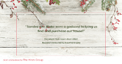 Testimonial for real estate agent Sandra Hines in Seattle, WA: "Sandra and Blake were a godsend helping us find and purchase our house!"