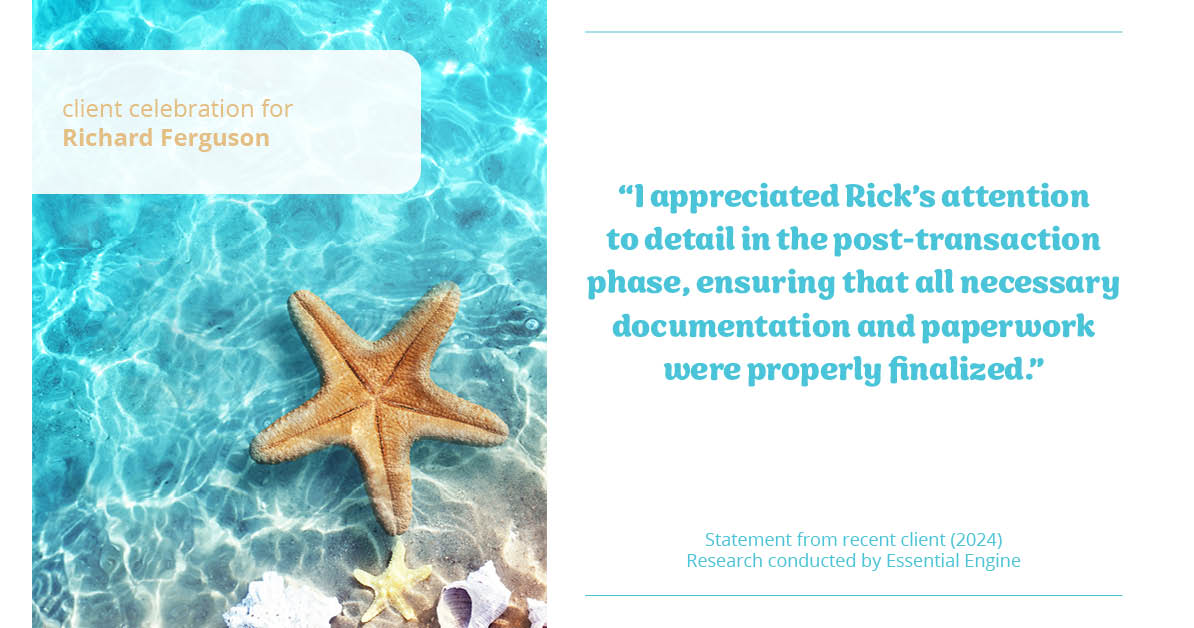 Testimonial for real estate agent Richard "Rick" Ferguson with Coldwell Banker Realty in Mesa, AZ: "I appreciated Rick's attention to detail in the post-transaction phase, ensuring that all necessary documentation and paperwork were properly finalized."