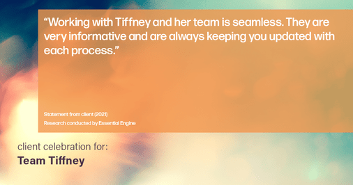 Testimonial for mortgage professional Tiffney Hoober in Tacoma, WA: "Working with Tiffney and her team is seamless. They are very informative and are always keeping you updated with each process."