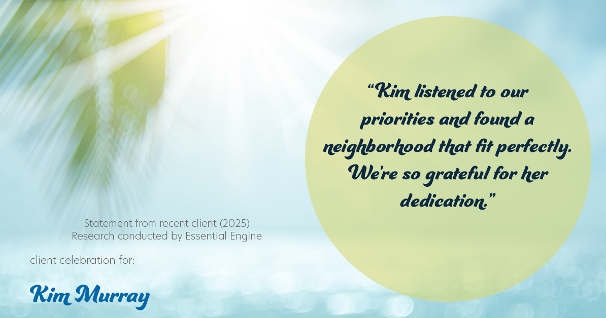 Testimonial for real estate agent Kim Murray with Berkshire Hathaway Home Services The Preferred Realty in , : "Kim listened to our priorities and found a neighborhood that fit perfectly. We're so grateful for her dedication."