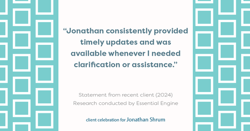 Testimonial for mortgage professional Jonathan Shrum with Arbor Financial & KMC Financial in , : "Jonathan consistently provided timely updates and was available whenever I needed clarification or assistance."