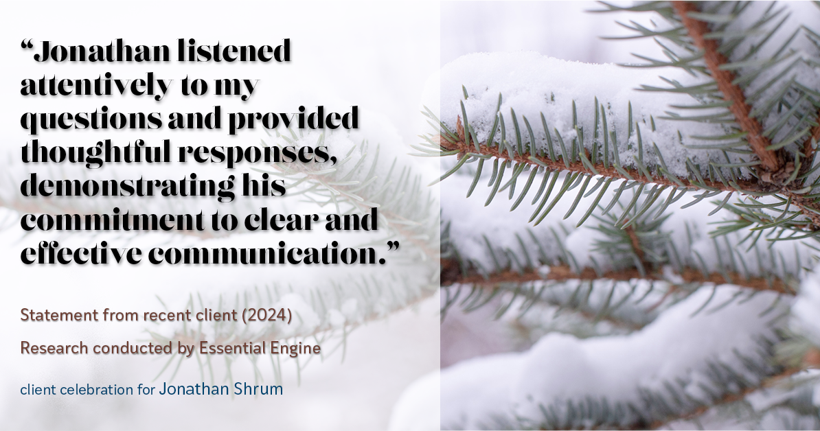 Testimonial for mortgage professional Jonathan Shrum with Arbor Financial & KMC Financial in , : "Jonathan listened attentively to my questions and provided thoughtful responses, demonstrating his commitment to clear and effective communication."