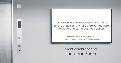 Testimonial for mortgage professional Jonathan Shrum with Arbor Financial & KMC Financial in , : "Jonathan was a great listener and made sure to understand what our objectives were in order to give us the best loan options."