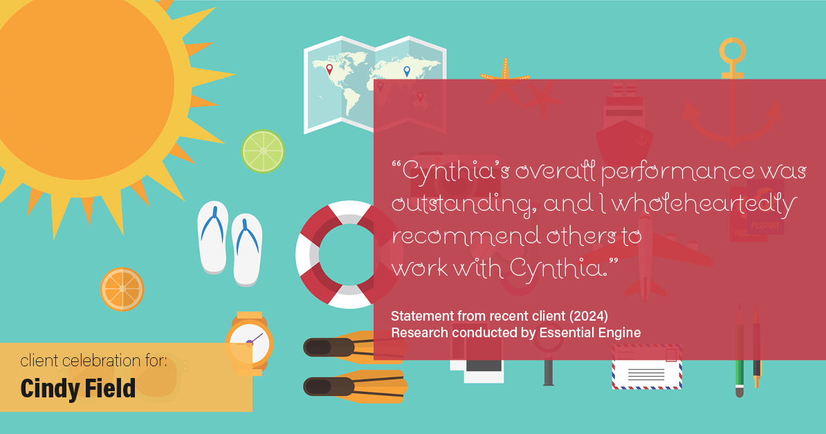 Testimonial for real estate agent Cynthia Ruggiero (Cindy Field) in , : "Cynthia's overall performance was outstanding, and I wholeheartedly recommend others to work with Cynthia."