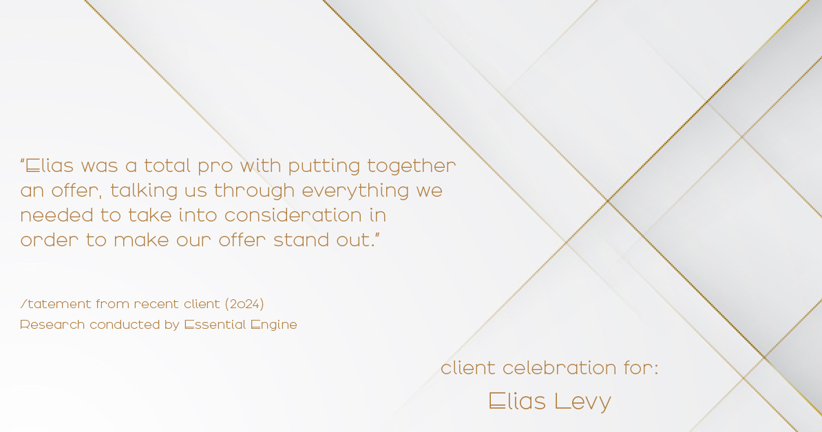 Testimonial for real estate agent Elias Levy with BHGRE Clarity in , : "Elias was a total pro with putting together an offer, talking us through everything we needed to take into consideration in order to make our offer stand out."