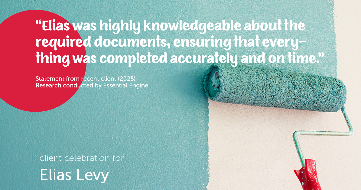 Testimonial for real estate agent Elias Levy with BHGRE Clarity in , : "Elias was highly knowledgeable about the required documents, ensuring that everything was completed accurately and on time."