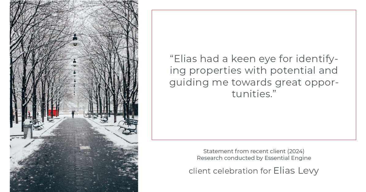 Testimonial for real estate agent Elias Levy with BHGRE Clarity in , : "Elias had a keen eye for identifying properties with potential and guiding me towards great opportunities."