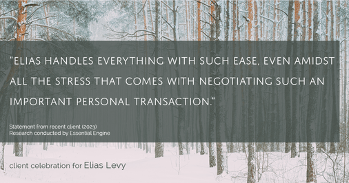 Testimonial for real estate agent Elias Levy with BHGRE Clarity in , : "Elias handles everything with such ease, even amidst all the stress that comes with negotiating such an important personal transaction."