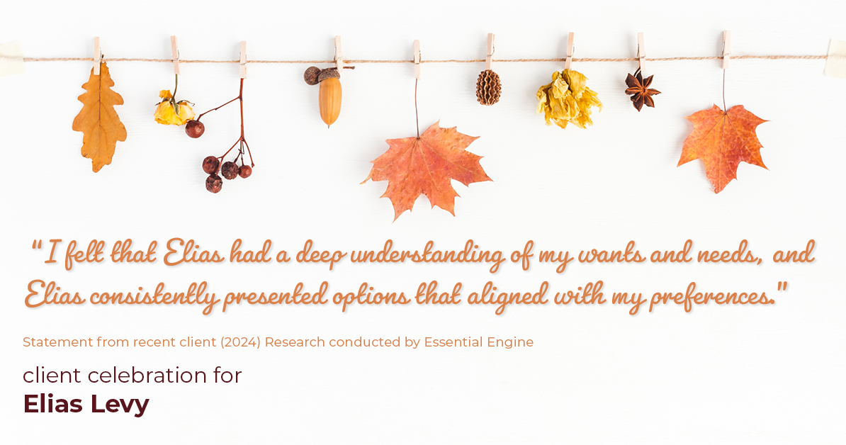 Testimonial for real estate agent Elias Levy with BHGRE Clarity in , : "I felt that Elias had a deep understanding of my wants and needs, and Elias consistently presented options that aligned with my preferences."