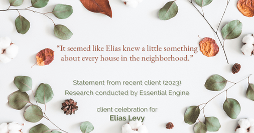 Testimonial for real estate agent Elias Levy with BHGRE Clarity in , : "It seemed like Elias knew a little something about every house in the neighborhood."