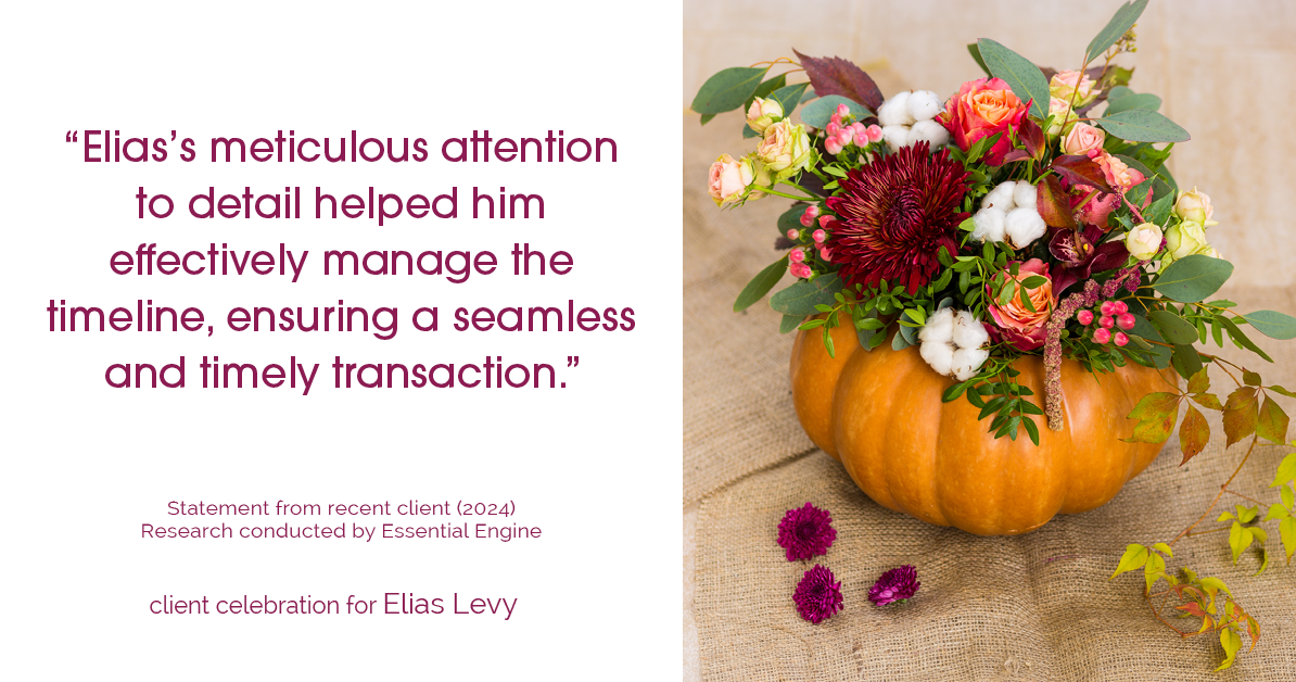 Testimonial for real estate agent Elias Levy with BHGRE Clarity in , : "Elias's meticulous attention to detail helped him effectively manage the timeline, ensuring a seamless and timely transaction."