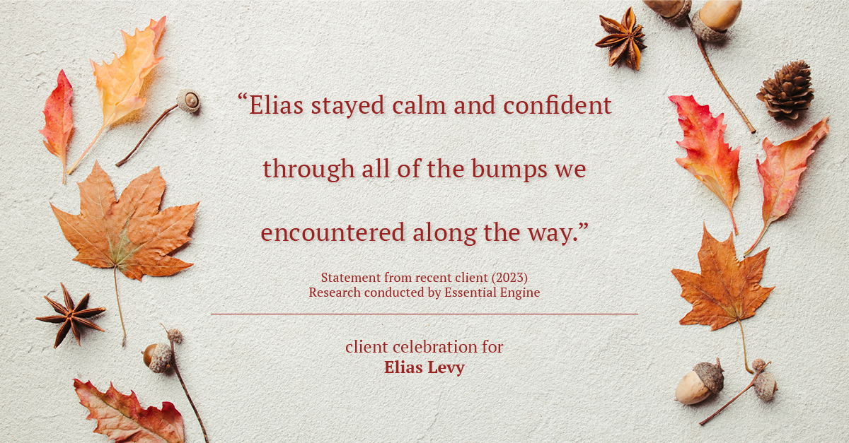 Testimonial for real estate agent Elias Levy with BHGRE Clarity in , : "Elias stayed calm and confident through all of the bumps we encountered along the way."