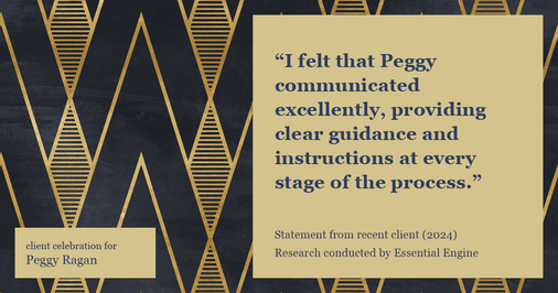 Testimonial for real estate agent Peggy Ragan with United Real Estate Kansas City in Kansas City, MO: "I felt that Peggy communicated excellently, providing clear guidance and instructions at every stage of the process."