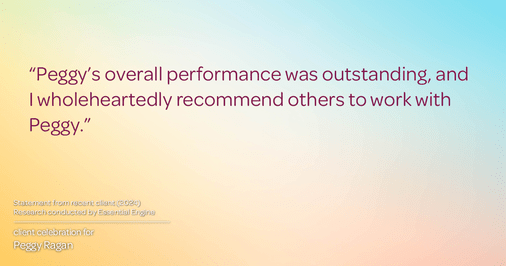 Testimonial for real estate agent Peggy Ragan with United Real Estate Kansas City in Kansas City, MO: "Peggy's overall performance was outstanding, and I wholeheartedly recommend others to work with Peggy."