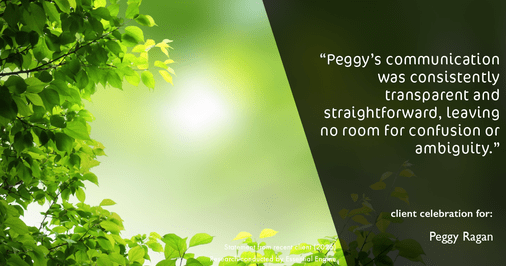 Testimonial for real estate agent Peggy Ragan with United Real Estate Kansas City in Kansas City, MO: "Peggy's communication was consistently transparent and straightforward, leaving no room for confusion or ambiguity."