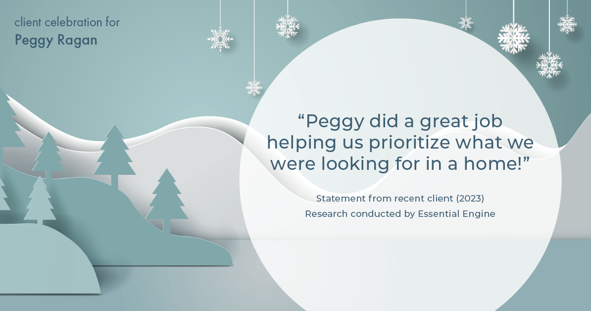 Testimonial for real estate agent Peggy Ragan with United Real Estate Kansas City in Kansas City, MO: "Peggy did a great job helping us prioritize what we were looking for in a home!"