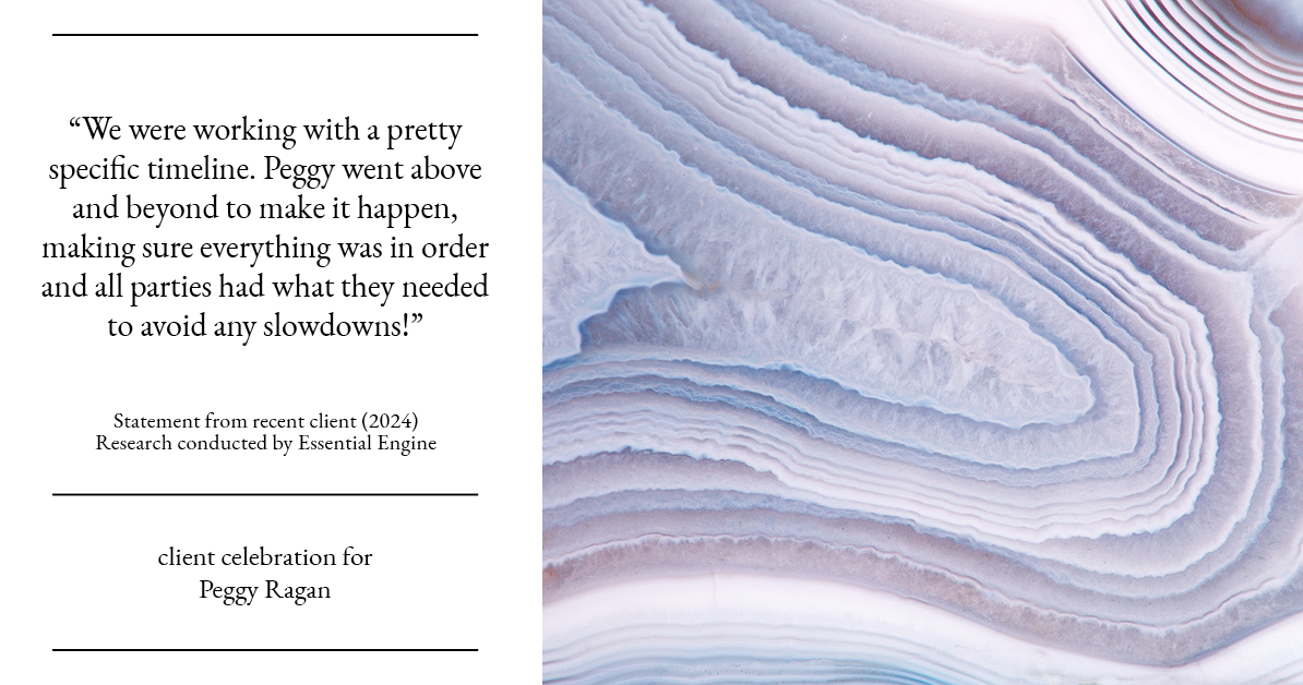 Testimonial for real estate agent Peggy Ragan with United Real Estate Kansas City in Kansas City, MO: "We were working with a pretty specific timeline. Peggy went above and beyond to make it happen, making sure everything was in order and all parties had what they needed to avoid any slowdowns!"
