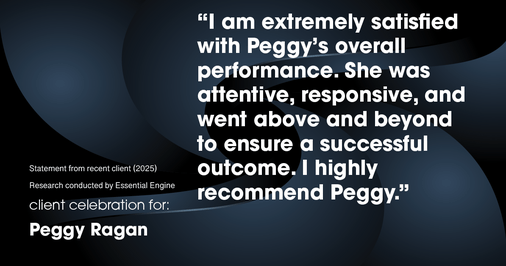 Testimonial for real estate agent Peggy Ragan with United Real Estate Kansas City in Kansas City, MO: "I am extremely satisfied with Peggy's overall performance. She was attentive, responsive, and went above and beyond to ensure a successful outcome. I highly recommend Peggy."