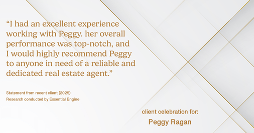 Testimonial for real estate agent Peggy Ragan with United Real Estate Kansas City in Kansas City, MO: "I had an excellent experience working with Peggy. her overall performance was top-notch, and I would highly recommend Peggy to anyone in need of a reliable and dedicated real estate agent."