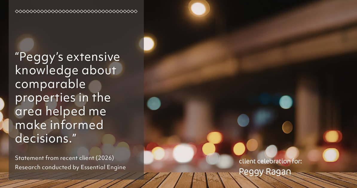 Testimonial for real estate agent Peggy Ragan with United Real Estate Kansas City in Kansas City, MO: "Peggy's extensive knowledge about comparable properties in the area helped me make informed decisions."