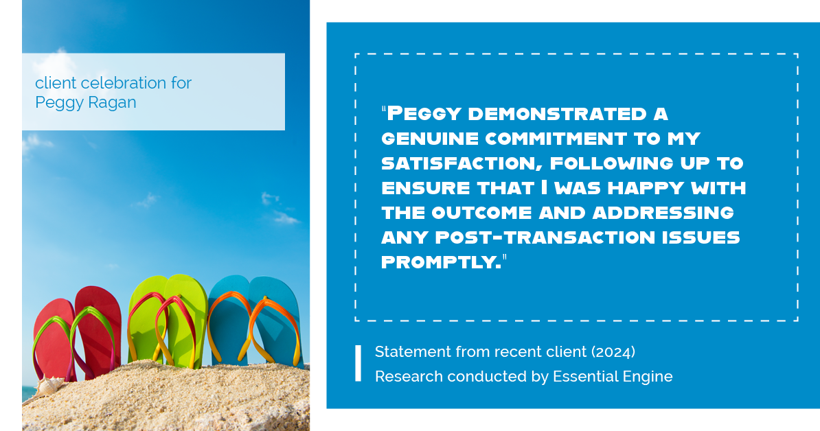 Testimonial for real estate agent Peggy Ragan with United Real Estate Kansas City in Kansas City, MO: "Peggy demonstrated a genuine commitment to my satisfaction, following up to ensure that I was happy with the outcome and addressing any post-transaction issues promptly."